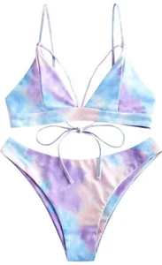 Zaful Womens Tie-Dye Lace Up High Cut Halter Bikini Set Two Piece Swimsuit Small - Picture 1 of 4