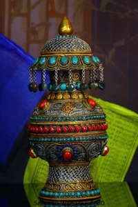 12.8" Old Tibet Nepal Silver Wire Inlay Turquoise Coral Gem treasure Bottle Vase - Picture 1 of 9