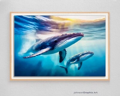 Berçário com estampa de baleia, mãe baleia jubarte com bebê, decoração de parede oceânica, náutico - Imagem 1 de 4