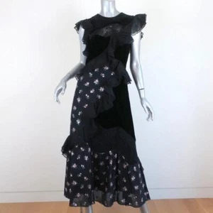 Rebecca Taylor Midi Dress Black Ruffle-Trim Velvet & Floral Jacquard Size 2 - Picture 1 of 7