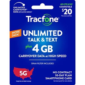 Tracfone $20 Unlimited Talk & Text, 4 GB of Data / 30 Days (Physical Card) - Photo 1 sur 1