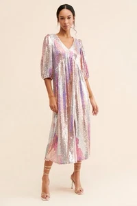 Anthropologie Turner Midi Dress Sequins Colorful Bubble Sleeve NWOT Size Small - Picture 1 of 7