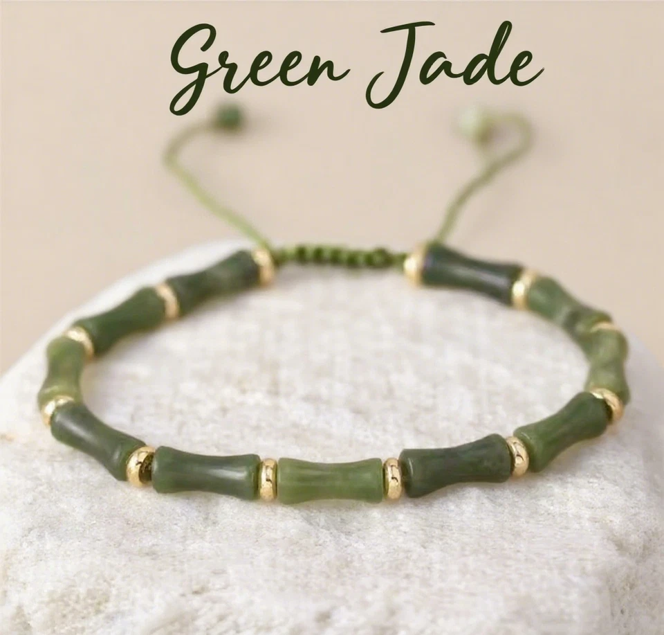 Brazalete de piedras preciosas curativas con cuentas de bambú de jade verde Foto 1 de 3