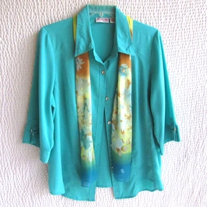 Solid Blue Shirt Scarf Combo Womens 2x 3/4 Sleeve Joanne Plus Womens Button Top - Picture 1 of 8