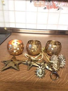 3 Messing Windlichter Teelichthalter, 3 Sterne, 6 Serviettenrnge. - Bild 1 von 7