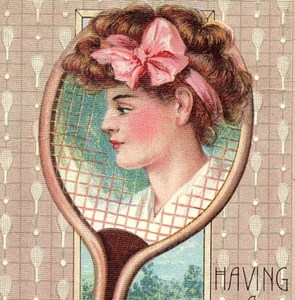 c1910 Pretty Woman's Head Inside Tennis Court Racket Postcard Having A Fine Time - Bild 1 von 3
