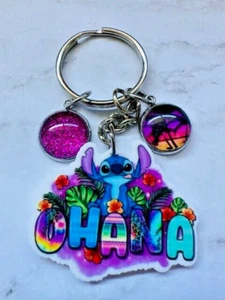 OHANA Stitch Hawaii Tropical Key Chain Backpack Tag Glitter Charms Pink RTS - Picture 1 of 1