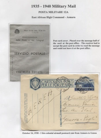 ERITREA MILITARY MAIL 1935-40 ON ANNOTATED EXHIBTION PAGES 14 covers/cards overa Cover