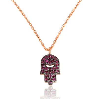 Natural Ruby Gemstone Hamsa Hand Design Charm Necklace Religious Jewelry - Image 1 of 4