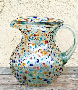 HANDBLOWN WATER PITCHER, MULTICOLOR CONFETTI FIESTA STYLE, MEXICO RECYCLED GLASS - Picture 1 of 9