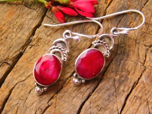 Ethnic 925 Sterling Silver Fine Artisan Earring With Facet Natural Corundum Ruby - Picture 1 of 7