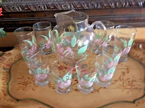 VINTAGE HAND PAINTED SET OF PITCHER AND GLASSES POSSIBLY LIBBY - Picture 1 of 7