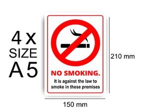No Smoking Warning Stickers A5 Pack of 4 Self Adhesive Vinyl Sign Waterproof - Foto 1 di 2