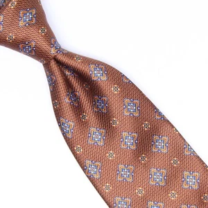 David Donahue Mens Silk Necktie Brown Blue Gold Geometric Print Tie USA - Picture 1 of 7