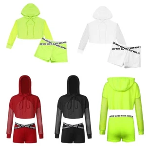 Girls Hip Hop Performance Dance Outfit Set Hooded With Shorts Street Kids Booty - Picture 1 of 41
