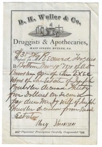 1870 D.H. Wuller Druggist & Apothecaries Prescription Billhead - Butler, PA - Picture 1 of 2