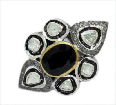 Anello In Argento Sterling 925 Con Diamanti Polki E Onice Nero, Regalo Per Lei - Immagine 1 di 4