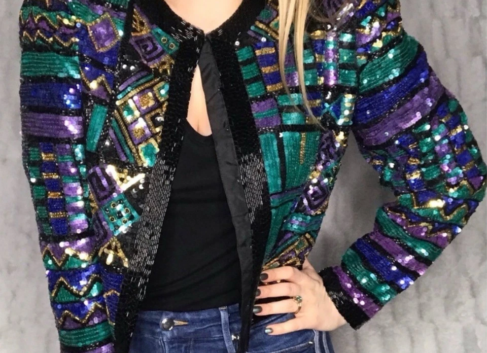  Vintage Laurence Kazar Beaded Sequin Silk Party Jacket  S/M. No inside labels  - Image 1 of 4