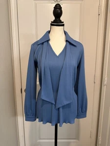 Vintage Mad Rags Blue Pleated Blouse 70s Dagger Collar Tie Disco Top Retro Sz M - Picture 1 of 4