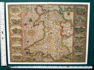 Old Antique Tudor Picture map of Wales, inc 16 castles Speed 1600's Reprint - Picture 1 of 22