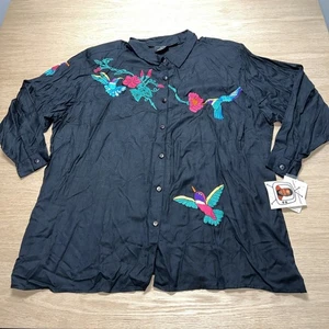 NWT Black Hummingbird Embroidered Long Sleeve Button Down Shirt - 3X Womens Bird - Picture 1 of 21