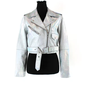 VEDA Silver Iridescent Leather Belted Moto Jacket S Cropped Metallic Zip Biker - Picture 1 of 8