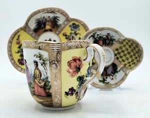 Antique Helena Wolfsohn Meissen Style Yellow Quatrefoil Trio Cup & Saucers c1890 - Picture 1 of 8
