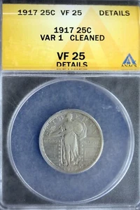 1917 - ANACS VF25 DETAILS VAR1 CLEANED STANDING LIBERTY QUARTER!!  #B22148 - Picture 1 of 2