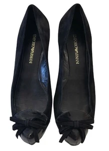 EMPORIO ARMANI Black Suede/Patent Leather Round-Toe Bow Flats Sz 38 Italy - Picture 1 of 12