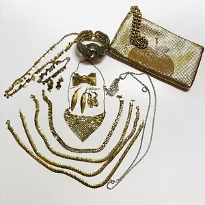 Vintage Schmuck Konvolut Gold Mesh Geldbörse Halsketten Armbänder Ohrringe Brosche - Bild 1 von 13
