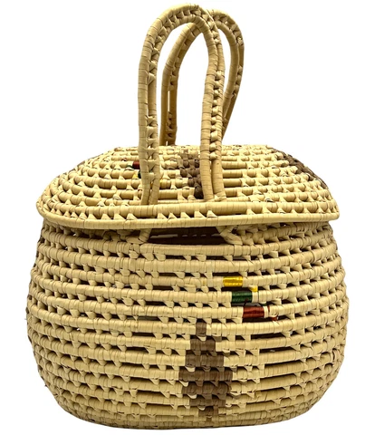 Large Coiled Basket w/ Handles & Lid Native Southwestern Wicker Boho Handmade Cover
