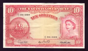 Bahamas P-14 c. (1953) Ten Shillings.. QE.11 Portrait.. Sweeting/Bethel.. aEF - Imagen 1 de 2