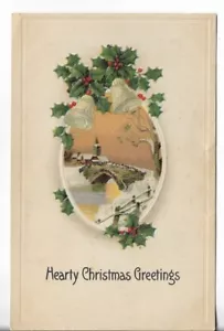 Vtg CHRISTMAS Postcard - Hearty Christmas Greetings Church Bridge Scene Bells - Picture 1 of 2