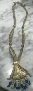 Lilly Pulitzer 30" long bombshell gold shell statement necklace blue turquoise - Picture 1 of 2