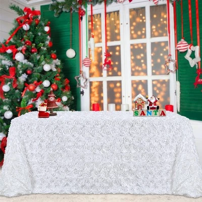 Rosette Tablecloth Rectangular White Table Cover 3D Floral Satin Tablecloth C... - Image 1 of 4