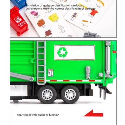 1:32 Garbage Truck Toy With Dumpster 4 Trash Bins Friction Powered Light Sounds - Image 1 of 4