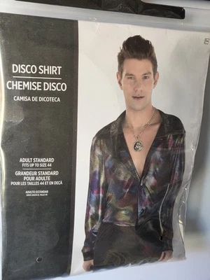 Nuevo Disfraz Camisa Disco Para Hombre Negra Con Patrón Arco Iris Metálico Adulto Estándar Foto 1 de 3