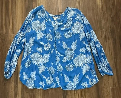 Blusa Top Manga Larga Estampado Floral Lucky Brand Azul Blanco 1X Foto 1 de 4
