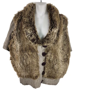 Bisou Bisou Women Faux Fur Jacket Vest Short Sleeves Front Button Tan Large Knit - Picture 1 of 10