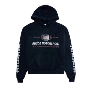 Sudadera con capucha negra con estampado de logotipo Rhude Motor Crest, talla pequeña, nueva con etiquetas - Imagen 1 de 6