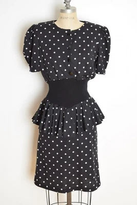 vintage 80s dress black white polka dot print peplum ruffle secretary puff M - Image 1 of 4