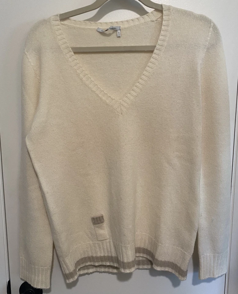 Suéter de cachemir para mujer AGNONA cuello en V crema borde topo ITALIA talla 8/44 Foto 1 de 4