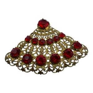 Vintage Red Rhinestone Fan Brooch Gold-Tone Filigree Costume Jewelry 2” - Bild 1 von 6