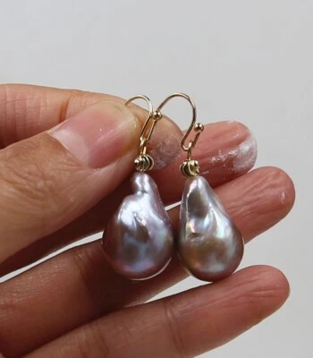 22 mm Natural Cultured Baroque Pearl Earrings 18K Gold Ear Drop Dangle P155 - Изображение 1 из 4