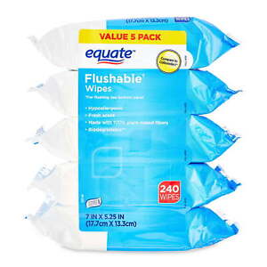Equate 240 Count Fresh Scent Flushable Wipes' 5 Packs of 48 Wipes.