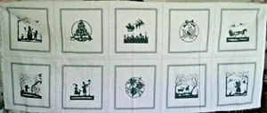 Cotton Fabric Panel Christmas Picture Book Patches Green Ivory 10 Blocks 8.5"sq - Picture 1 of 9