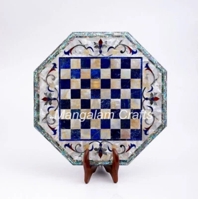 18" Marble Chess Game Table Top Semi precious stones Work Art Home Decor - Image 1 of 4