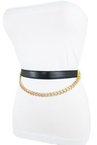 Women Black Faux Leather Waistband Fashion Belt Gold Metal Chain Fit Size M L XL