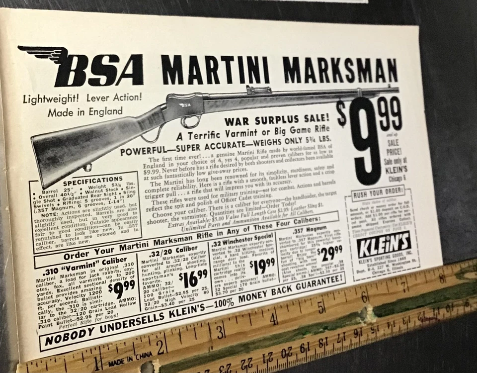 Anuncio impreso 1958 anuncio de rifle BSA Martini War Surplius #41225 Foto 1 de 1