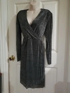 NWT SERRA Sz M Silver Black Metallic Pleated Wrap Short Dress Flattering Fit! - Picture 1 of 11